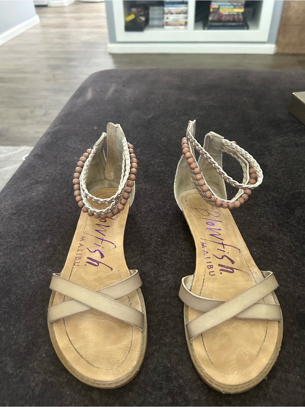 Blowfish Beige Tan Beaded Ankle-Strap Sandals
